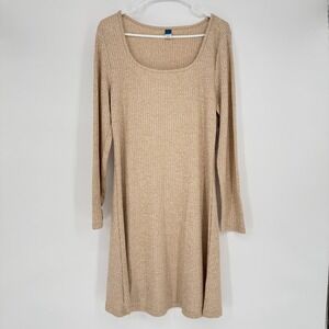 Old Navy Long Sleeve Ribbed Knit A Line Mini Dress Oatmeal Heather Size L NWT
